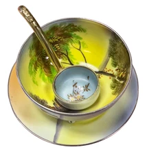 Vintage Scenic Noritake Morimura Footed Bowl, Circular Plate And Ladle/Spoon