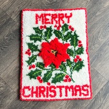 Vintage Merry Christmas Poinsettia Latch Hook Rug Wall Hanging 24x30 Holiday