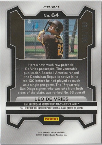 Leo De Vries 2024 Panini Prizm Blue RC #64 Baseball #/199 - Bild 2 von 2