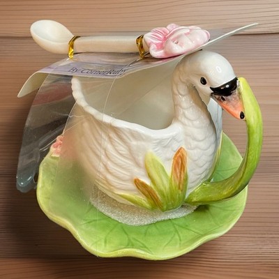 NEW Corner Ruby Garden Collection White Swan Coffee Cup Green Saucer & Spoon Set