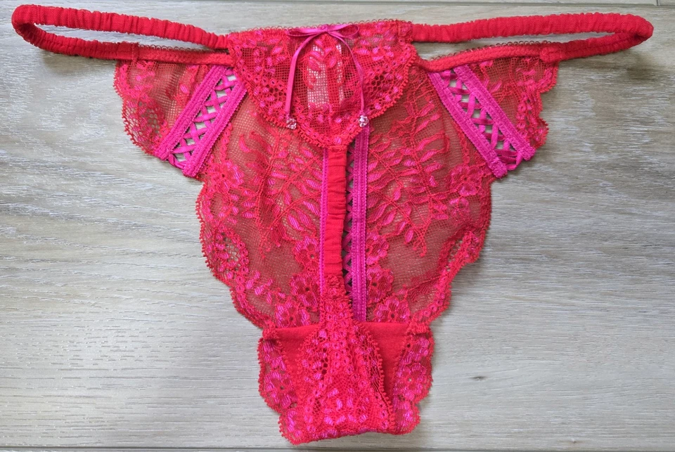 Tanga bragas vintage Victoria's Secret rojo rosa malla de encaje transparente tanga lazo L Foto 2 de 3