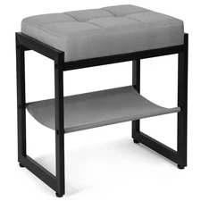 Vanity Stool, Linen Fabric Footstool, Bench with Storage Shelf, Makeup Dressi...