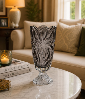 14.5  Grey Bohemian Crystal Footed Vase Flora Czech Glass Centerpiece