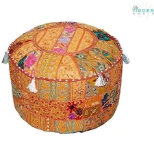 Indian Cotton Pouf Cover Ethnic Embroidered Round Ottoman 18x13 Orange