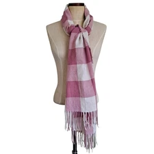 Jenni Pink & White Block Plaid Rectangle Scarf with Fringe Ends One Size