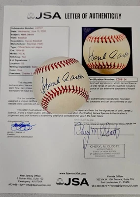 James Spence Authentication (JSA) Hank Aaron MLB Original