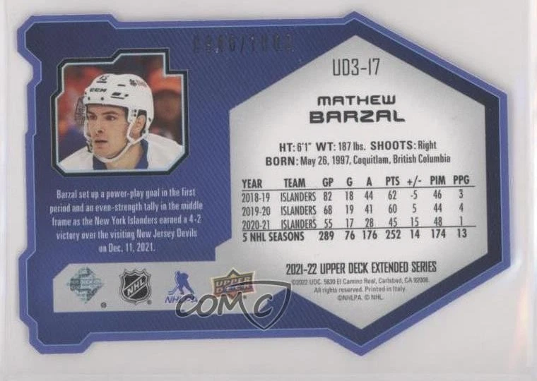 2021-22 Upper Deck Extended Series UD3 /1000 Mathew Barzal #UD3-17 - Image 2 of 2