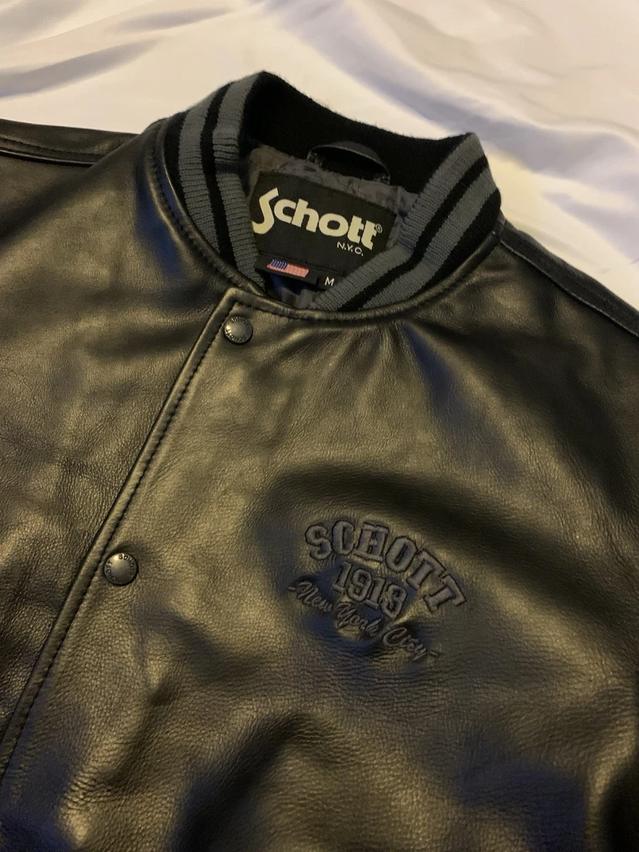 Chaqueta universitaria de bombardero de cuero para hombre Schott NYC talla M negra nueva con etiquetas