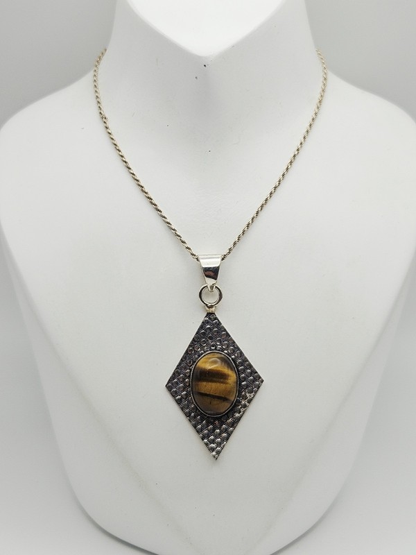 Sterling Silver Vintage Tiger's Eye Pendant On Rope Chain Necklace 16"