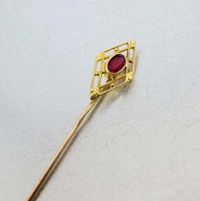 Antique 18K Yellow Gold Over Filigree Ruby Red Gem Paste Stick Pin Lapel Pin 1PC