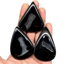 3 Pcs Natural Black Onyx Druzy Cabochon 54-61mm Large Rare Loose Gemstones Lot