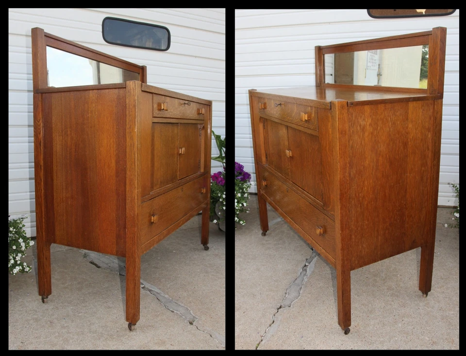 Antiguo buffet 1920 cuarto aserrado roble dorado misión artes y manualidades con espejo y llave Foto 2 de 4