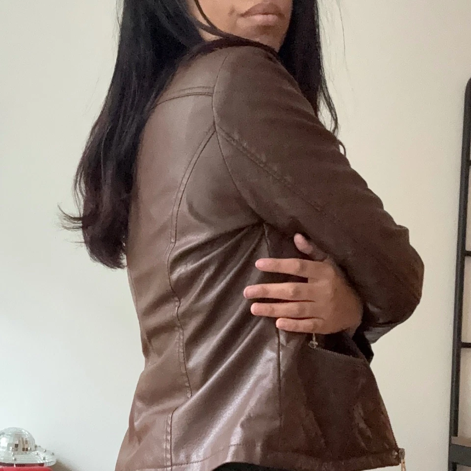 New Look Quilted Faux Leather Moto Jacket Brown Padded Collar Zip Front Womens - Image 3 of 4