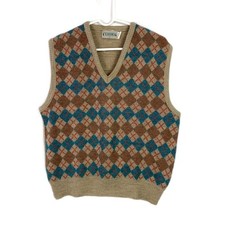 Vintage Classics Men's Argyle V-Neck Sweater Vest Size L Knit Wool Blend Retro