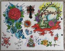 Tattoo Studio Shop Flash Single Rose Flower Skull Cross Ray Askey 11 X 14 Print