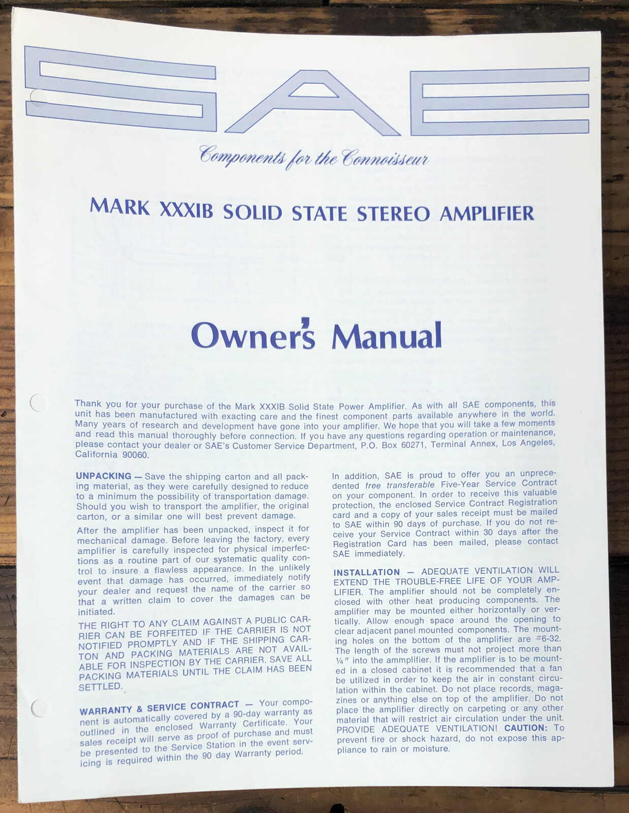 SAE MARK XXXIB Amplifier  Owner / User Manual *Original* #1