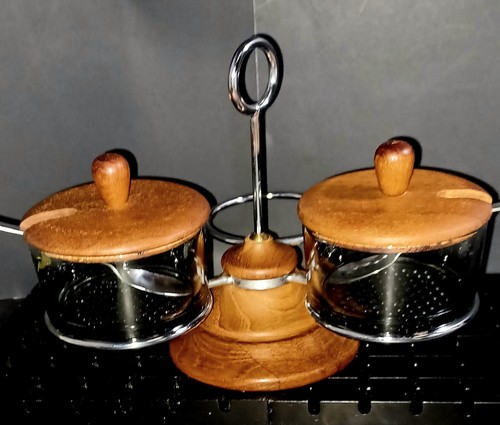 Danish MCM Teak Glass Condiment Server Revolving W/Spoons Luthje? No Mark READ