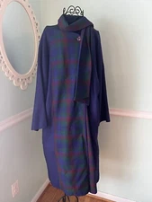 Avoca Collection Ladies Small 100% Wool Blue Plaid Hooded Coat With Scarf