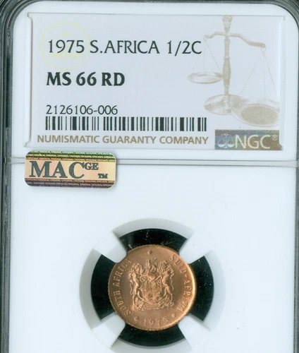 1975 SOUTH AFRICA HALF CENT NGC MS66 RED MAC SPOTLESS  *
