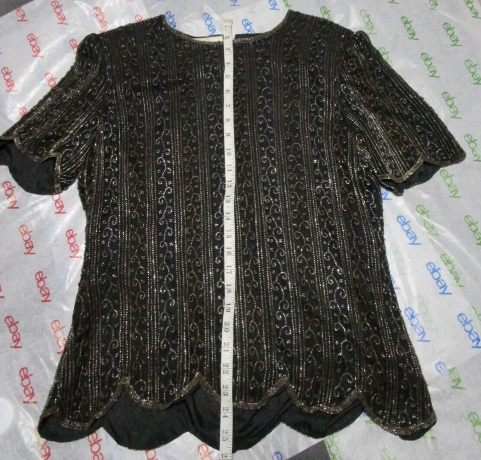 De Colección Años 90 Stenay India Cuentas a Mano 100% Seda Shell Manga Corta con Festoneado Talla L Foto 2 de 4