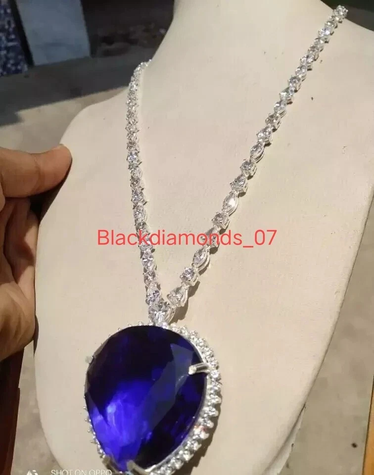 Collar Titanic Corazón del Océano 130Ct Zafiro Oro Blanco 14k Fn Artículo Listo Foto 2 de 4