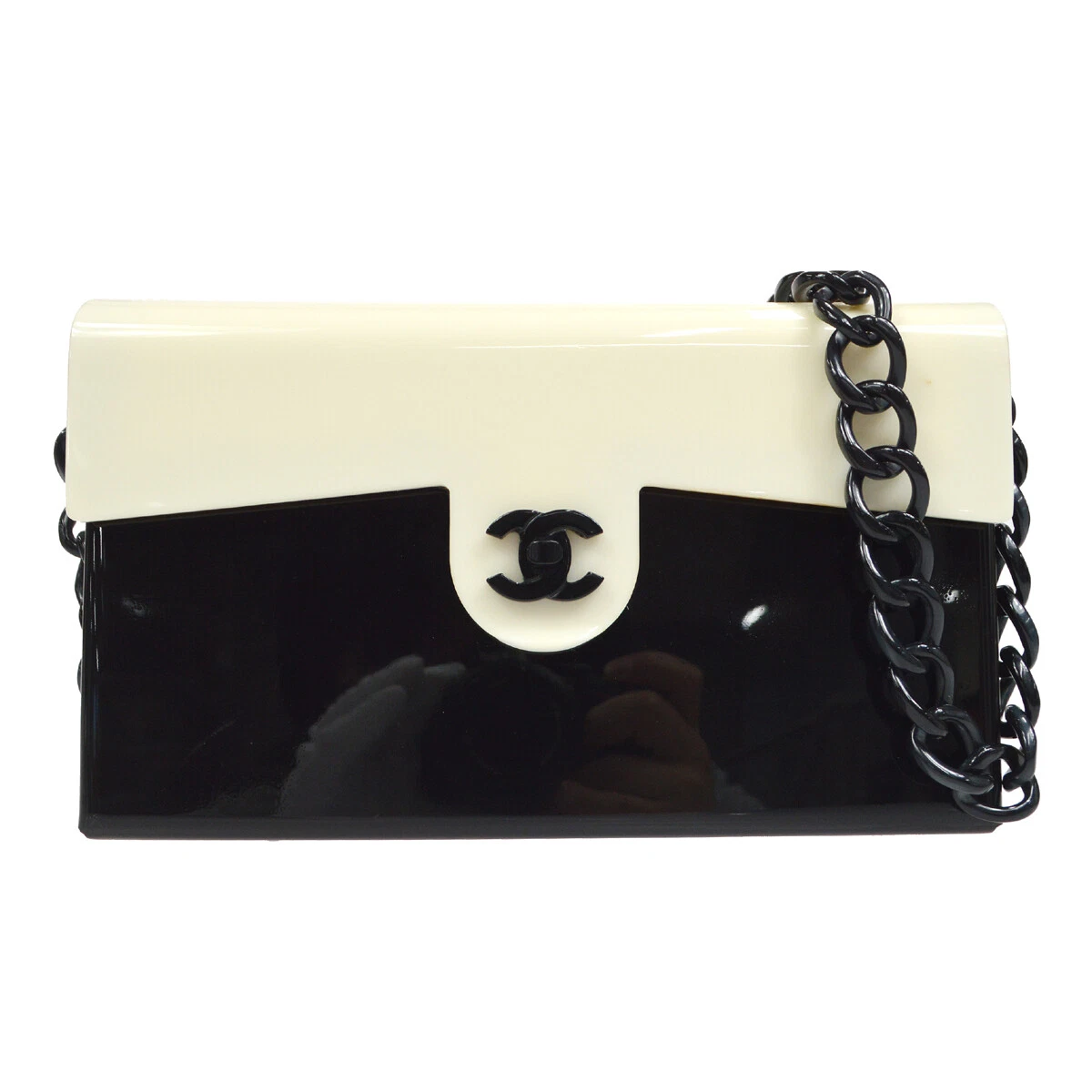 CHANEL CC Chain Shoulder Bag Purse Black White Plastic Vintage AK36843e