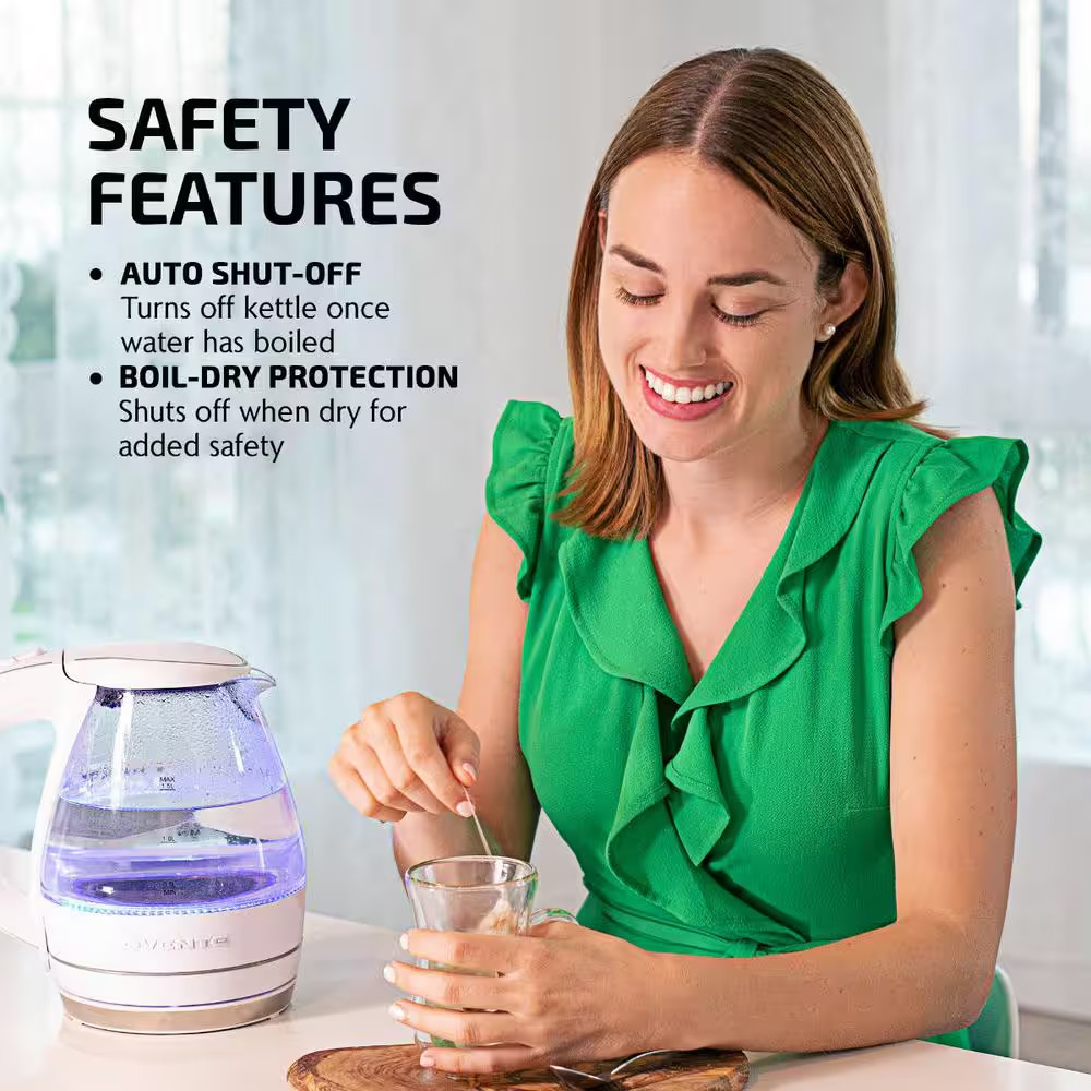 OVENTE Illuminated 6.5-Cup White Electric Kettle with Filter & Auto-Shut Off Fea