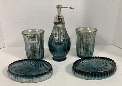 5 Piece Glass Bathroom Set Silver & Turquoise Speckled Set