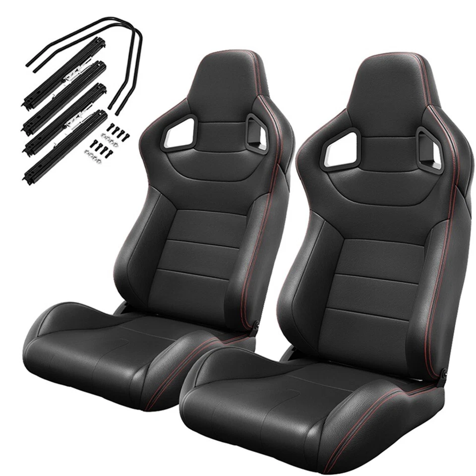 Pair Universal Racing Bucket Seats Red Stitch PVC Leather& Dual Adjustor Sliders Foto 2 de 4