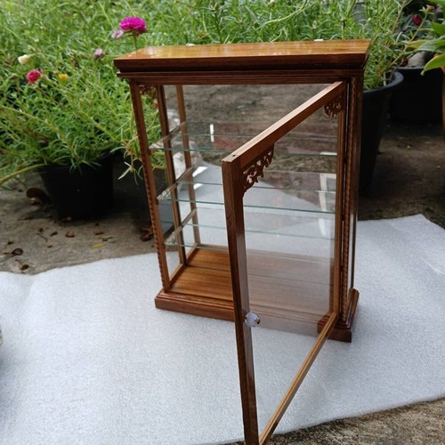 Wall Cabinet Wood Glass Teak Curio Handmade Carved Shadow Box Display Square Toy - Picture 6 of 8