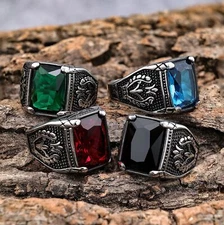 Mens Green Black Blue Red CZ Aquamarine Square Stone Ring Size 7-15 Gift