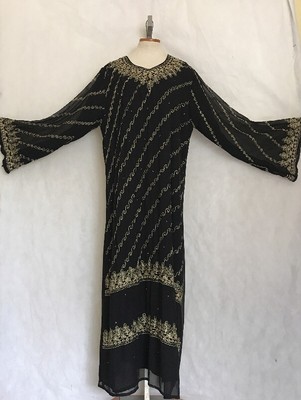 Vtg Kaftan Sequin Embroidered Black Dress BOHO Gypsy Caftan Resort