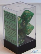 CHESSEX vortex DICE 7 DIE SET GREEN AND GOLD D20 D6 D4 PERCENTILE DIE..