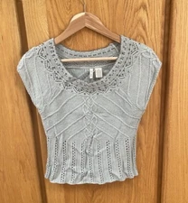 Anthropologie Moth Angora Cropped Beaded Rhinestone Sweater Top Blue Vintage M
