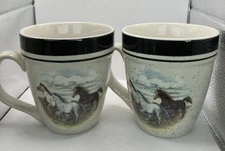 Set Of 2 - Large FolkCraft Stoneware Running Horses Mugs Cups Scottyz 4.5”
