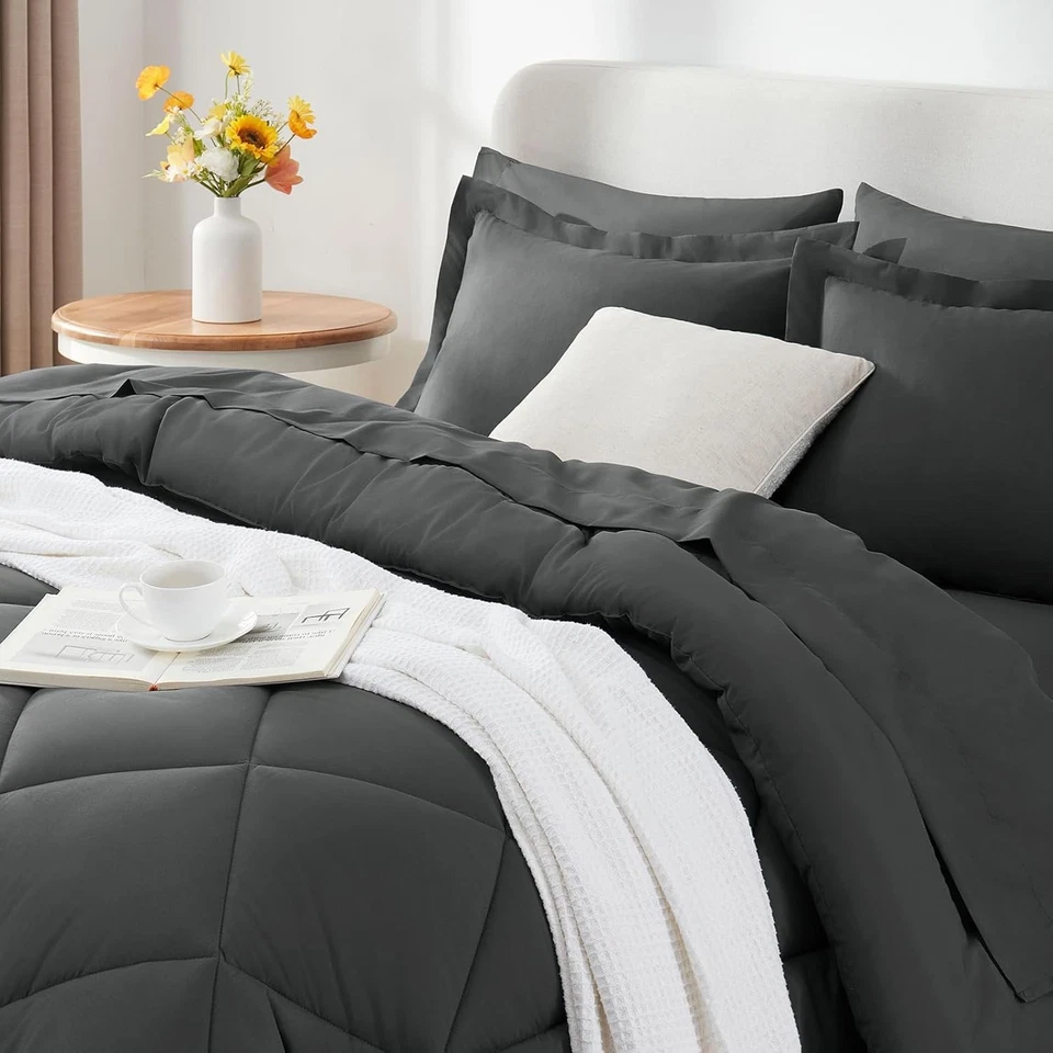 CozyLux Queen Comforter Set 7-Piece Dark Grey Soft All-Season Bed in a Bag - Image 3 of 4