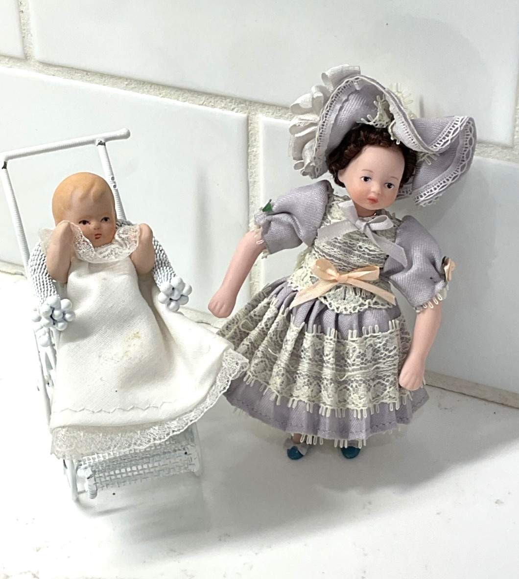 Vintage Little sister, baby, and stroller for 1:12 scale dol