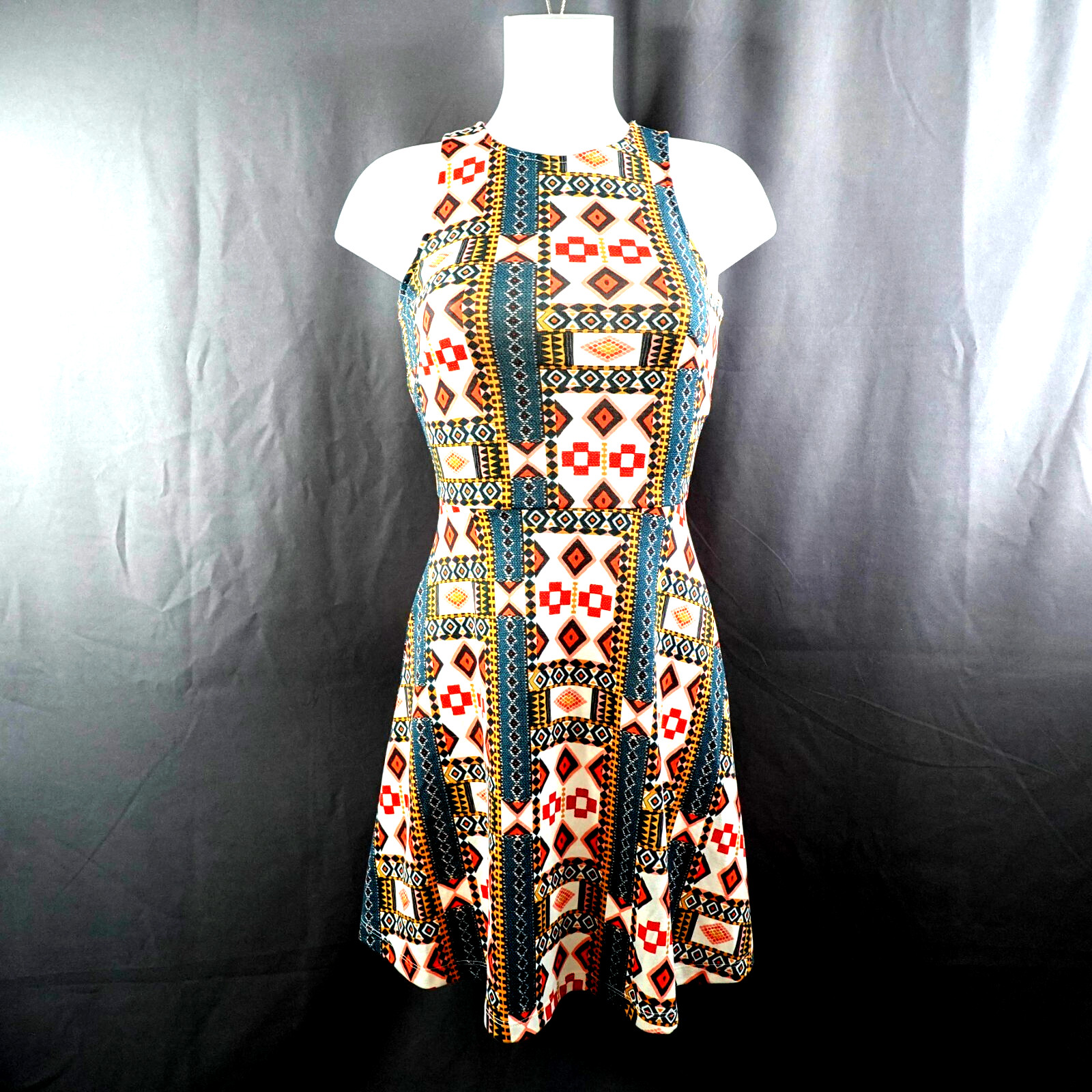 H&M Womens Mini Dress XS Blue Red Retro Indie Preppy Statement Skater Elevated