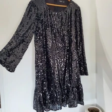 Black Sequins XL SIMPLY VERA '24 LS Short Dress Lined Ruffle Hem NYE Cocktail 
