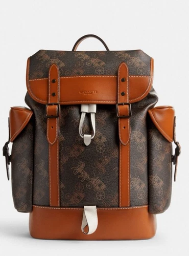 Zaino Coach cm386 nuovo con etichette gancio stampa cavallo e carrozza in pelle marrone tartufo