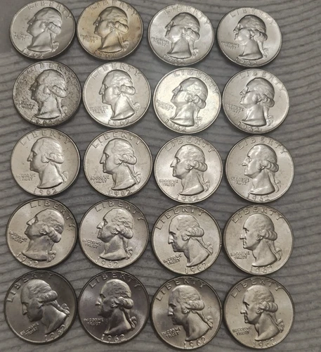 GEM BU Half-Roll (20) 1962 Washington Quarters 90% Silver. Brilliant White. NR!