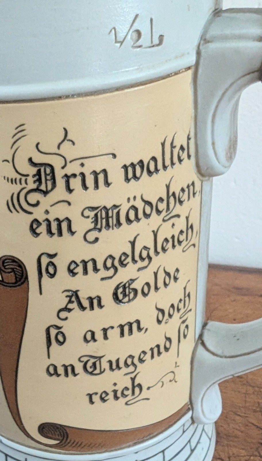 Antique c 1904 Mettlach No. 2833 lidded Beer Stein 1/2 liter~Girl and Song Verse