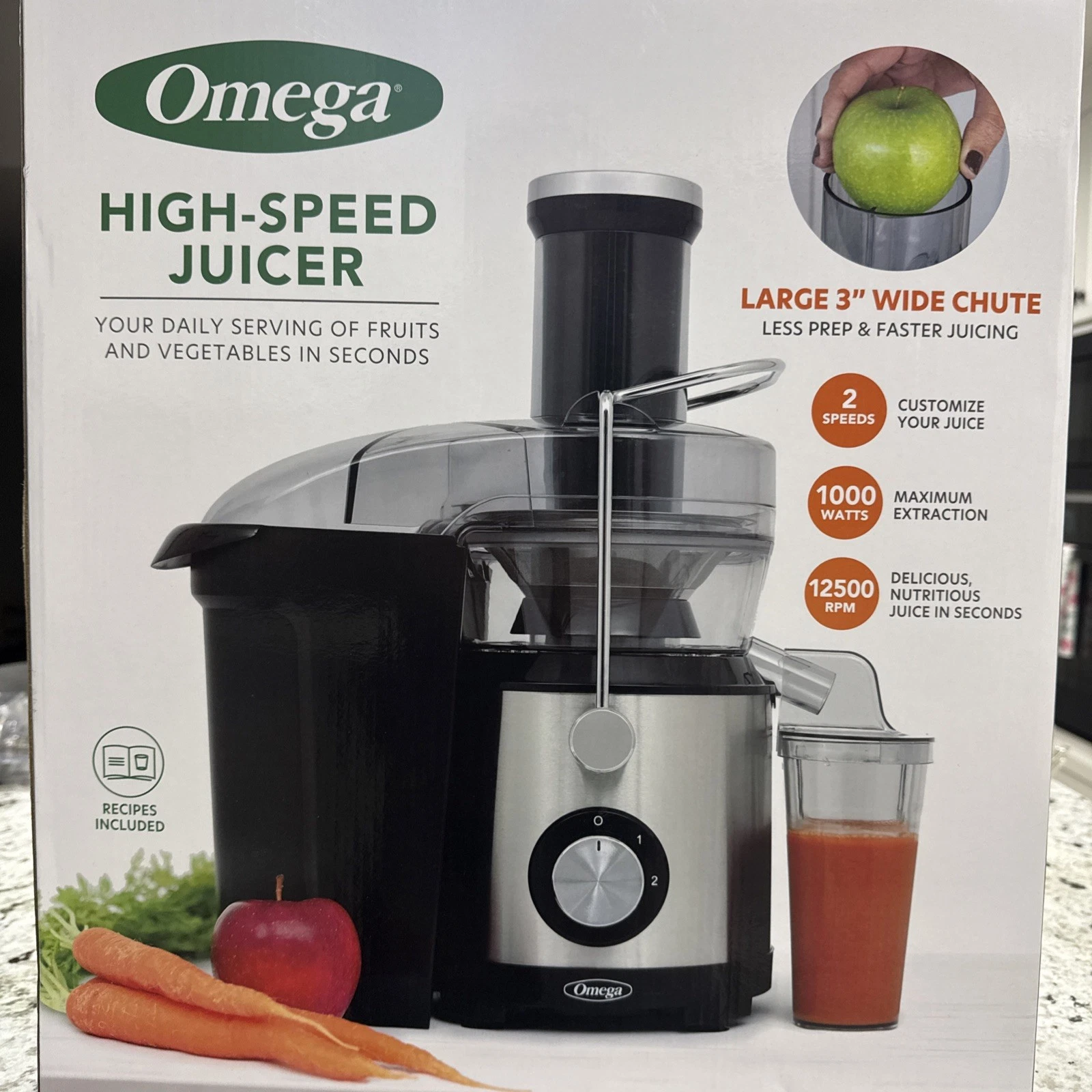 Omega High-Speed Juicer – 1000W, 3” Wide Chute – New Open Box