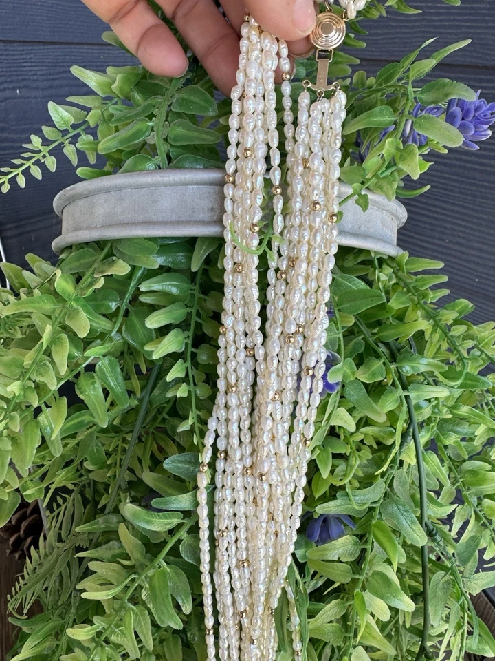 Colar vintage de pérolas de arroz cultivadas com fecho e contas de ouro amarelo 14K com 9 fios - Imagem 4 de 4