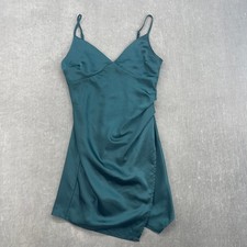 Altar'd State Women Small Emerald Green Satin Wrap Mini Dress Tulip Hem V-Neck