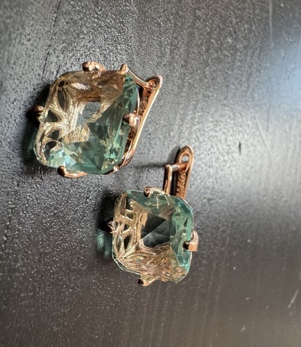 585 14K RG Stamped Mermaid Topaz Blue Cocktail Sparkle Stud Earrings - Picture 3 of 11