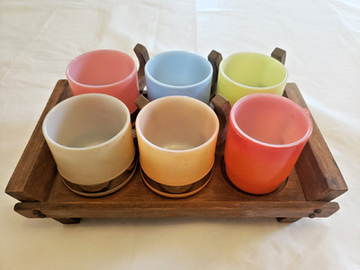 Lot 5 Vintage Siesta Ware Mugs Banded with Wooden Handle~ MCM & Tray W/Fire King