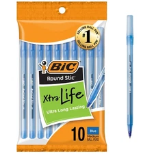 Bic Round Stic Xtra Life Blue Ballpoint Pens 10 Count Bulk Pack 1.0Mm Medium ...