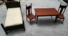 Vintage Lot CJ's Mini Miniature Dollhouse Bed & Table W/ 2 Chairs Wood Furniture