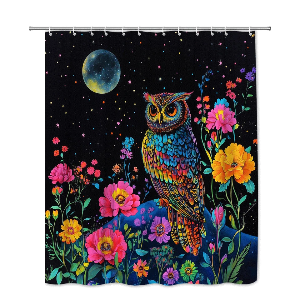 Búho místico con cielo nocturno brillante y flores vibrantes cortina de ducha Foto 2 de 4